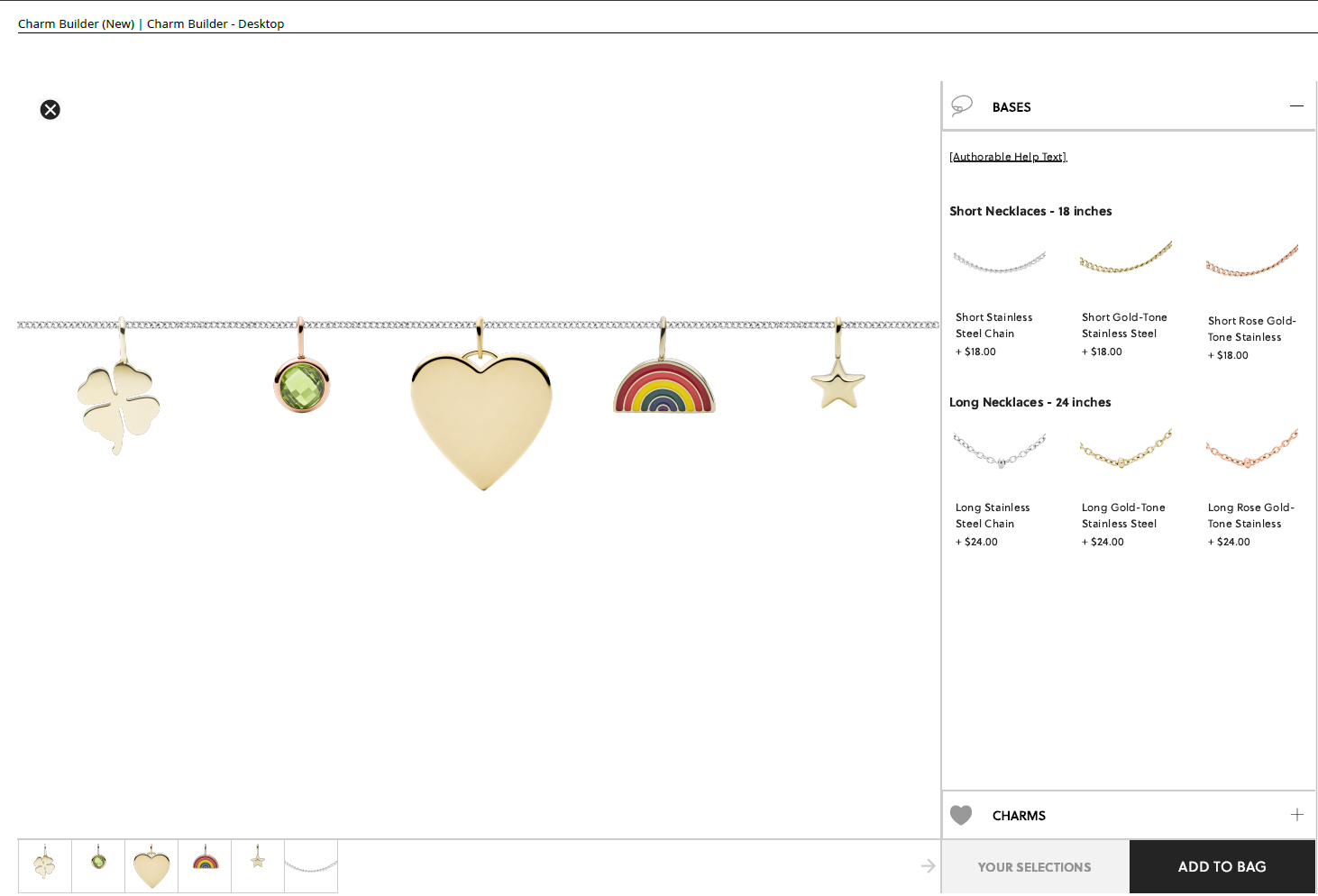 Desktop version of the Charm Builder with 5 sample charms and the selector interface.