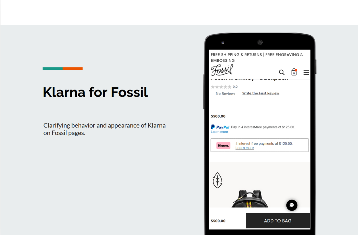 Klarna Wireframes for Fossil - Clarifying behavior and appearance of Klarna on Fossil pages.